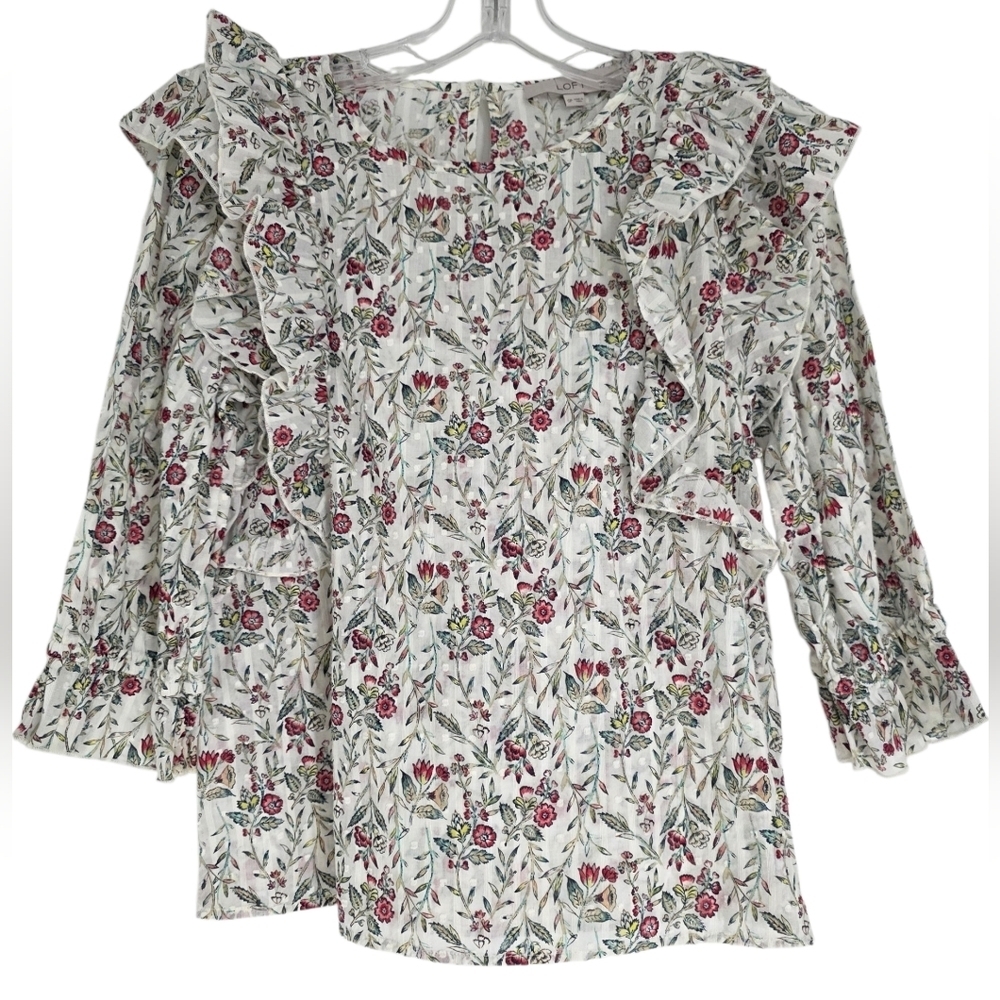 LOFT Petite Floral Scallopex Ruffle Blouse Size Small